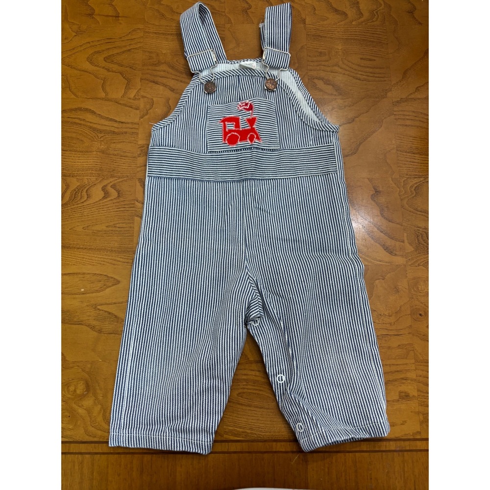 Vintage Sears Perma-Prest Baby Overalls Hickory Stripe Red Train Sz 9-12months